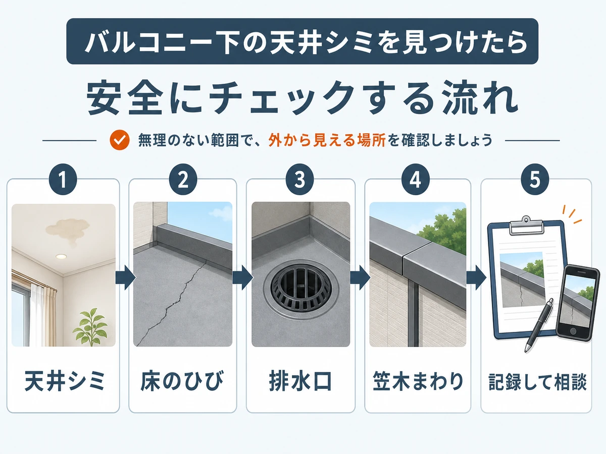 ベランダ下の天井の濡れを確認する順番の図解