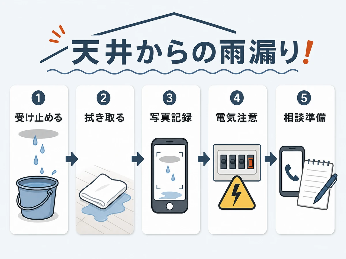 天井から雨漏りした直後の受け止め、拭き取り、写真記録、電気注意、相談準備の流れ