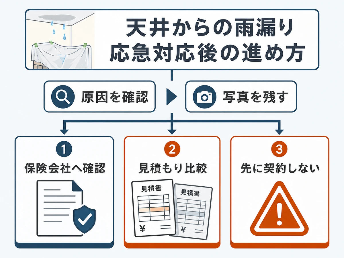 雨漏り後の原因確認、写真記録、保険会社確認、見積もり比較、先に契約しない判断