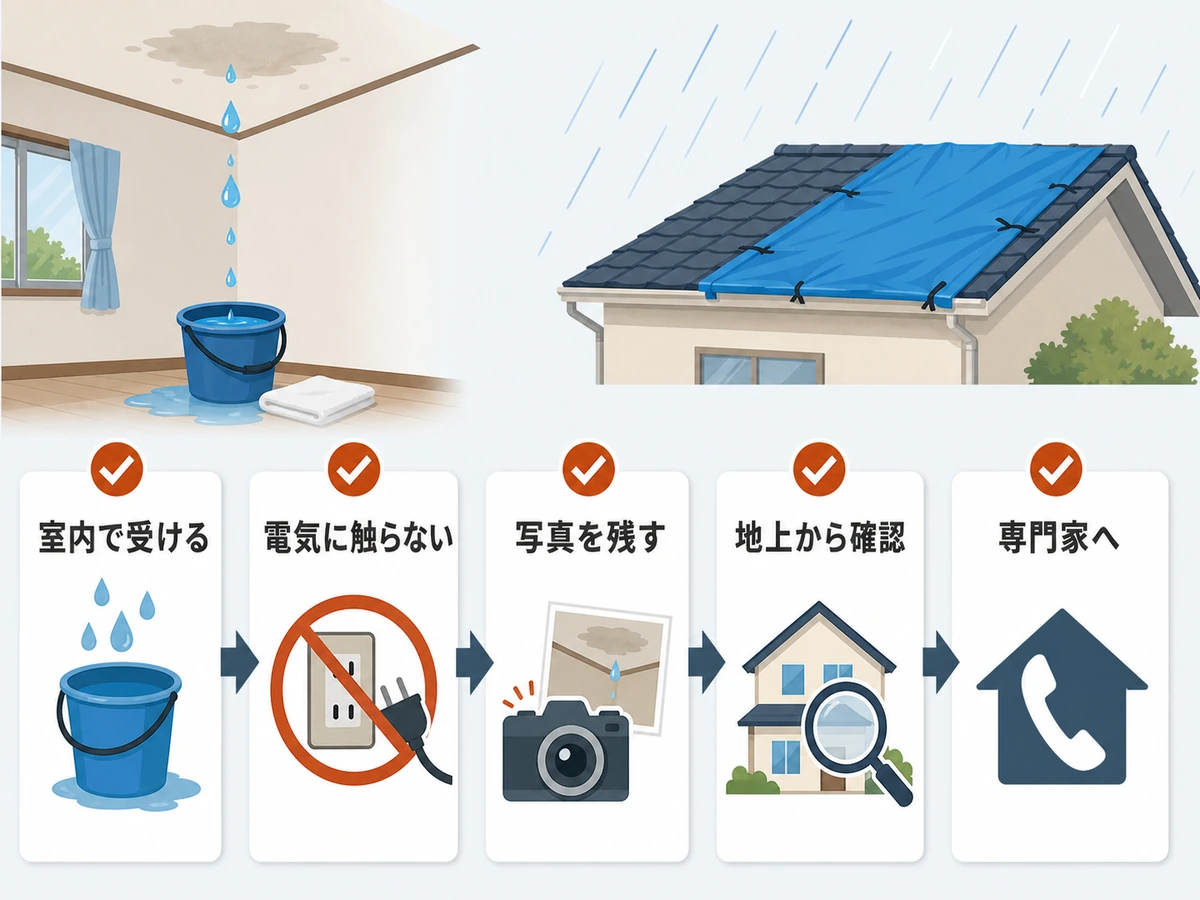 屋根に登らずできる雨漏り応急処置の確認順