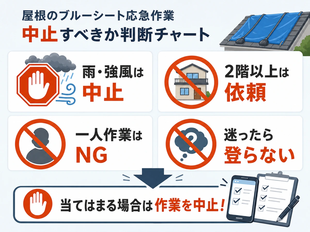屋根のブルーシート応急作業を中止する条件の判断チャート