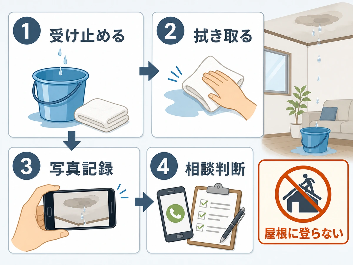 屋根の雨漏りで水を受け止め、拭き取り、写真記録、相談判断を行う流れ