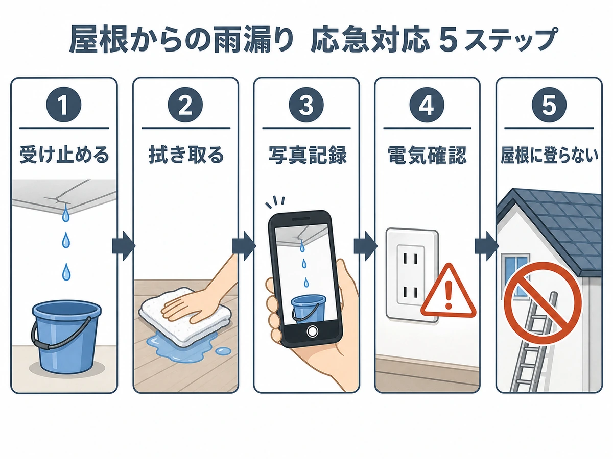 雨漏り発生時に受け止める、拭き取る、写真記録、電気確認、屋根に登らない順番を示す図解
