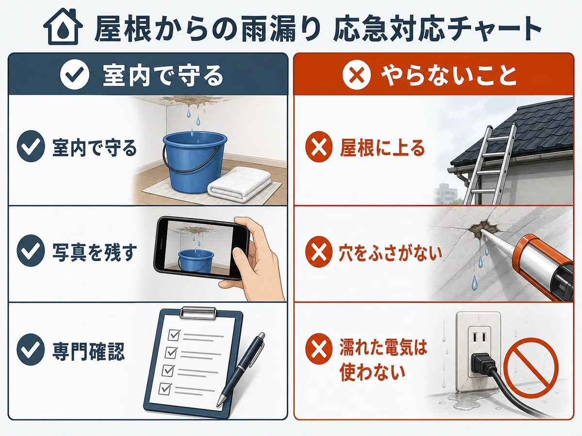 雨漏り時に室内で守る行動と屋根に登るなど避ける作業を分けた判断図