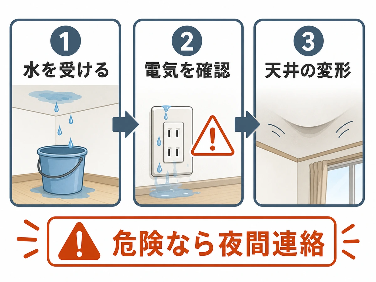 雨漏り発生時に水を受け、電気まわりと天井変形を確認する流れ
