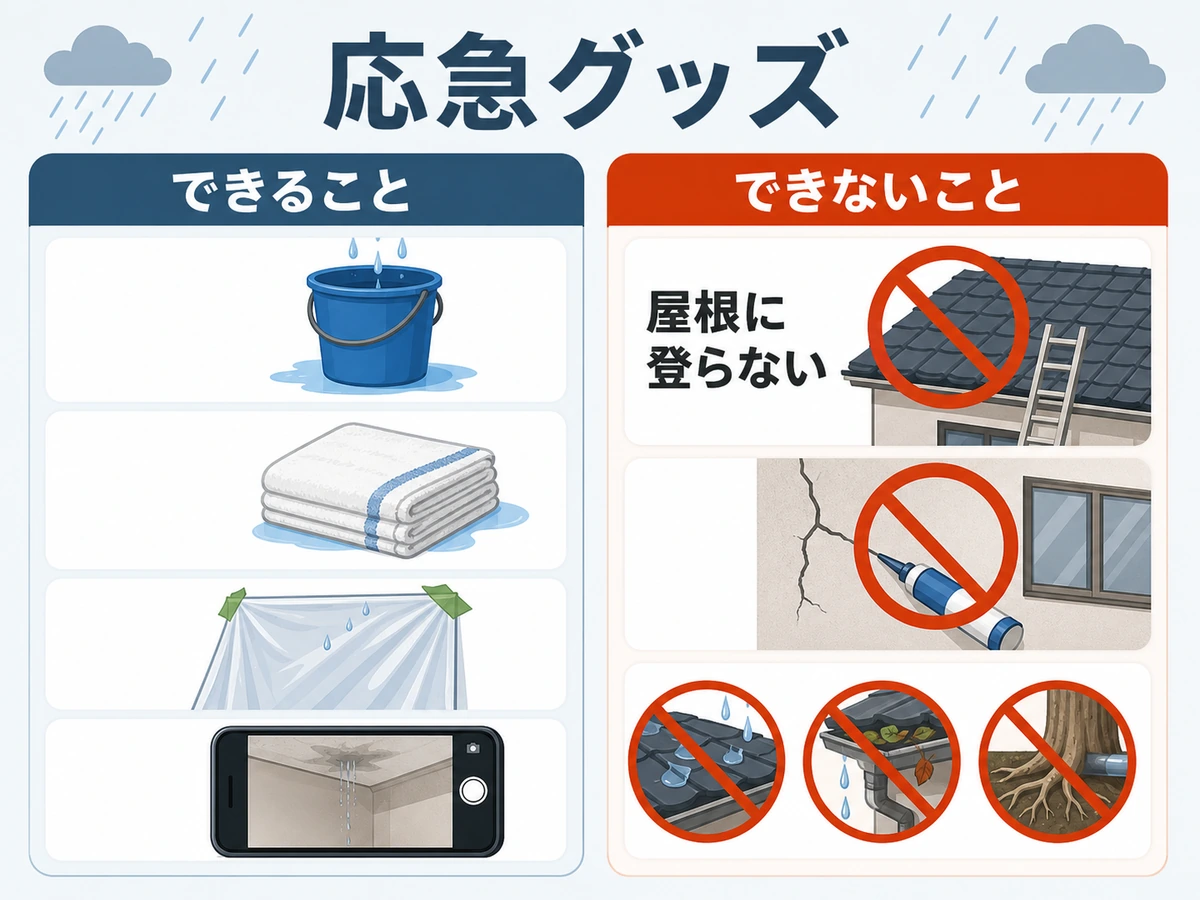 雨漏り応急グッズでできることとできないことを示す比較図