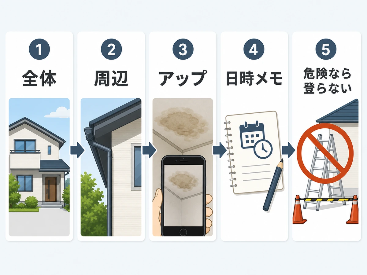 雨漏り写真を全体、周辺、アップ、日時メモの順に残す流れ