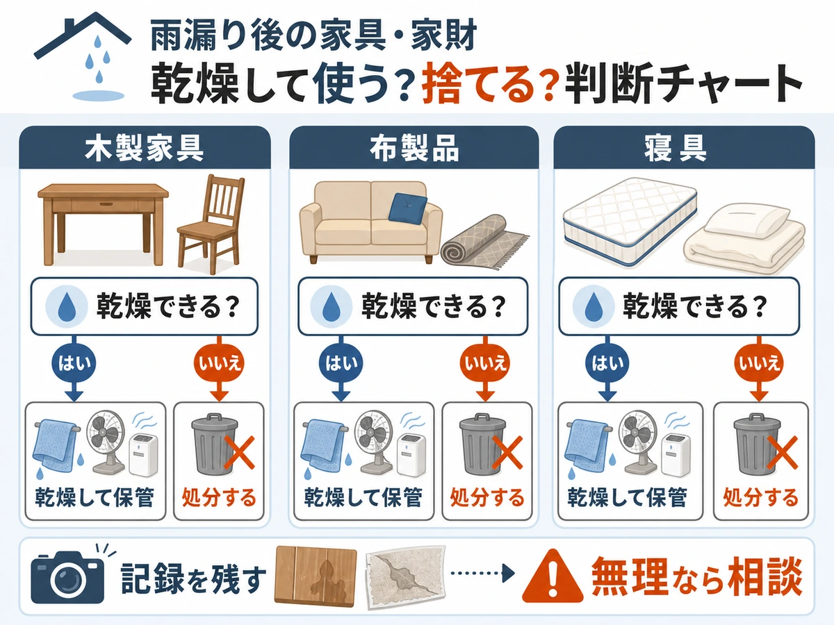 濡れた家具や寝具を乾燥して使うか相談するかの判断チャート
