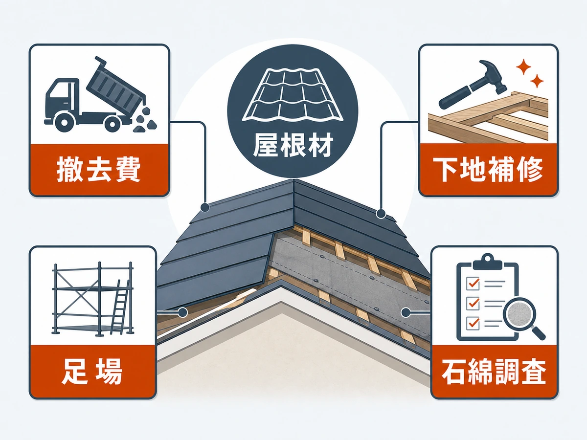 屋根工事の費用差を決める撤去費、下地補修、足場、石綿調査、屋根材の図解