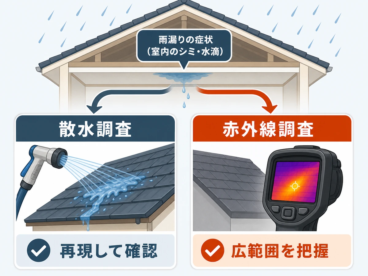 散水調査と赤外線調査の役割を比較する図解