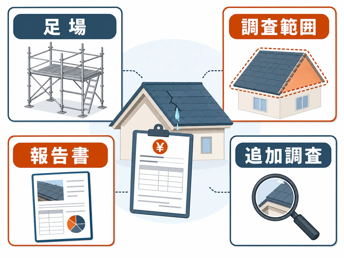 雨漏り調査費用が変わる要因を示す図解