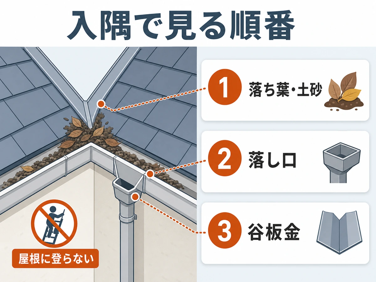 入隅の雨樋オーバーフロー時に落ち葉、落し口、谷板金を見る順番