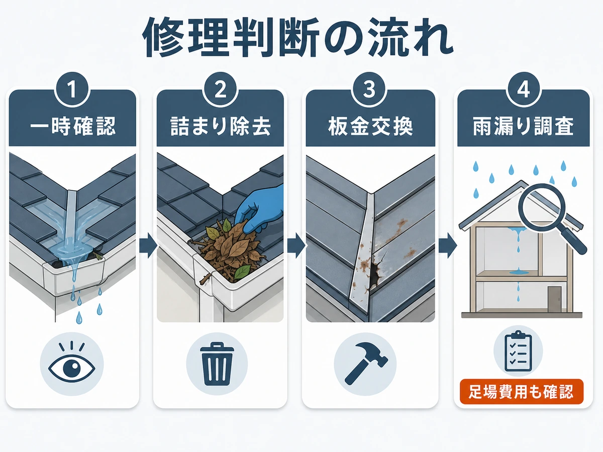 谷板金まわりの症状から一時確認、詰まり除去、板金交換、雨漏り調査へ進む判断の流れ