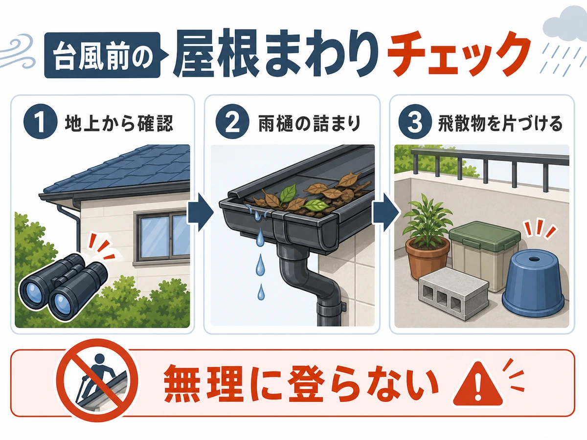 台風前に地上から屋根まわりを確認する順番の図