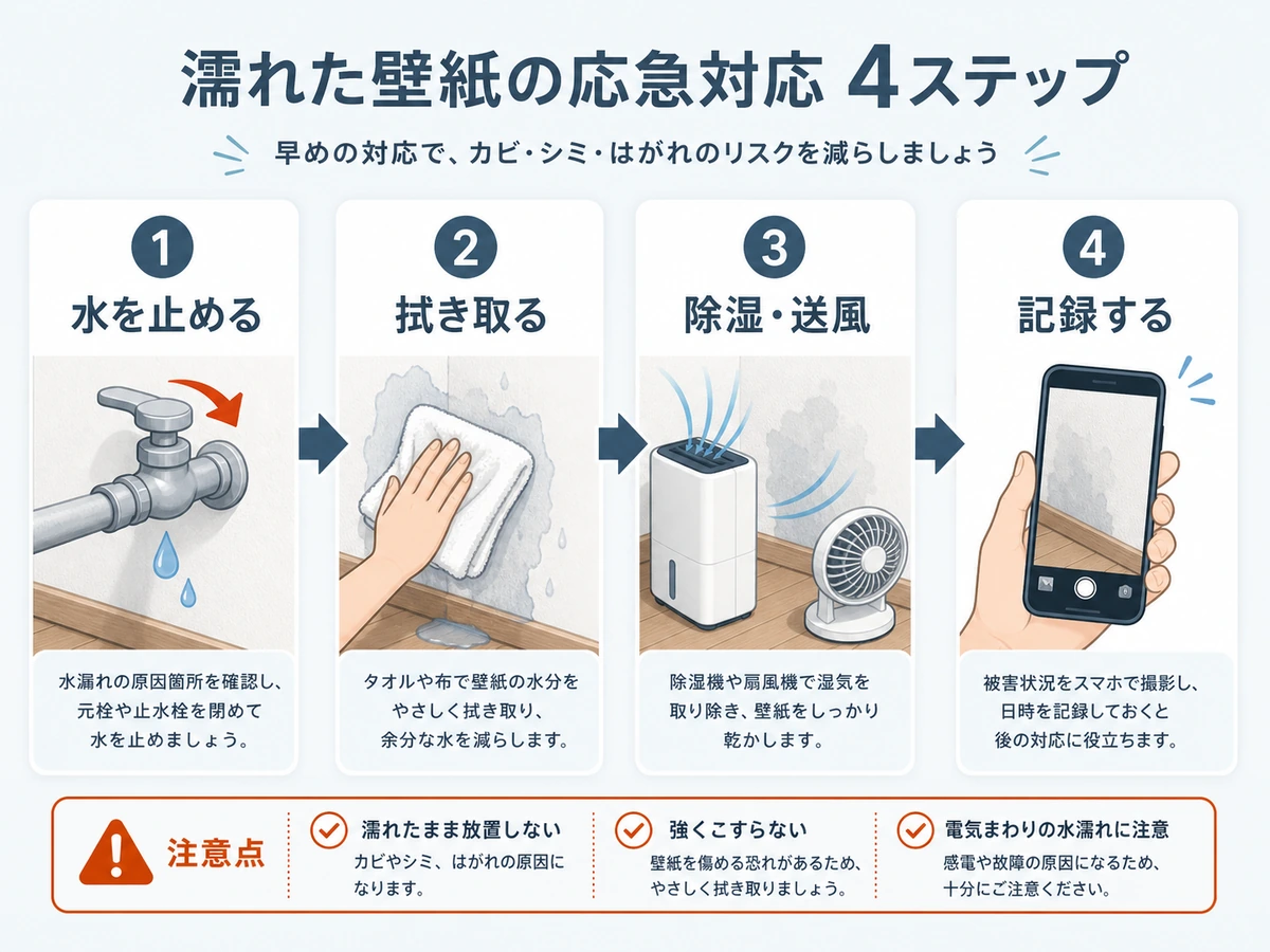 濡れた壁紙を見つけた直後の初動チェックフロー