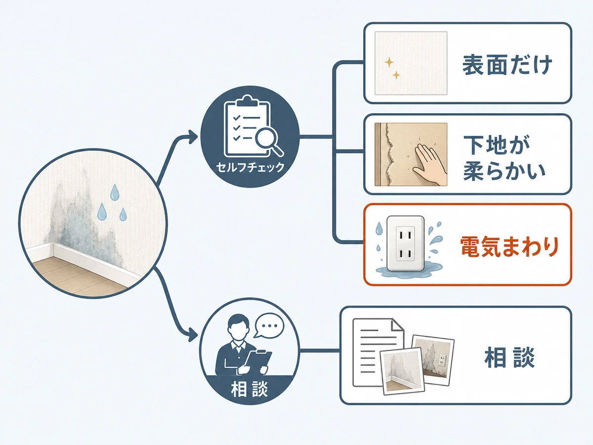 濡れた壁紙を自分で様子見するか相談するかの判断チャート