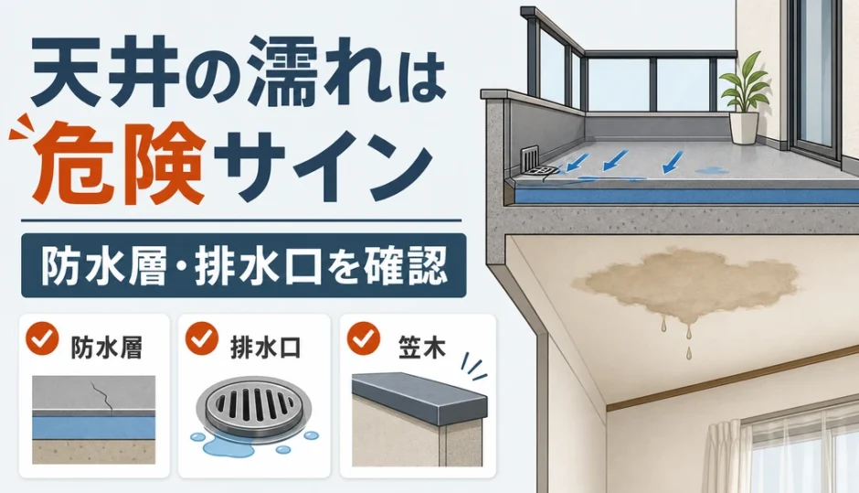 ベランダ下の天井の濡れと防水層・排水口の確認ポイントを示すサムネイル