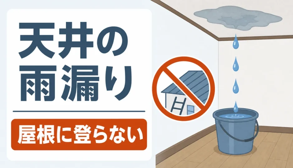 天井からの雨漏りで屋根に登らず室内対応するイメージ