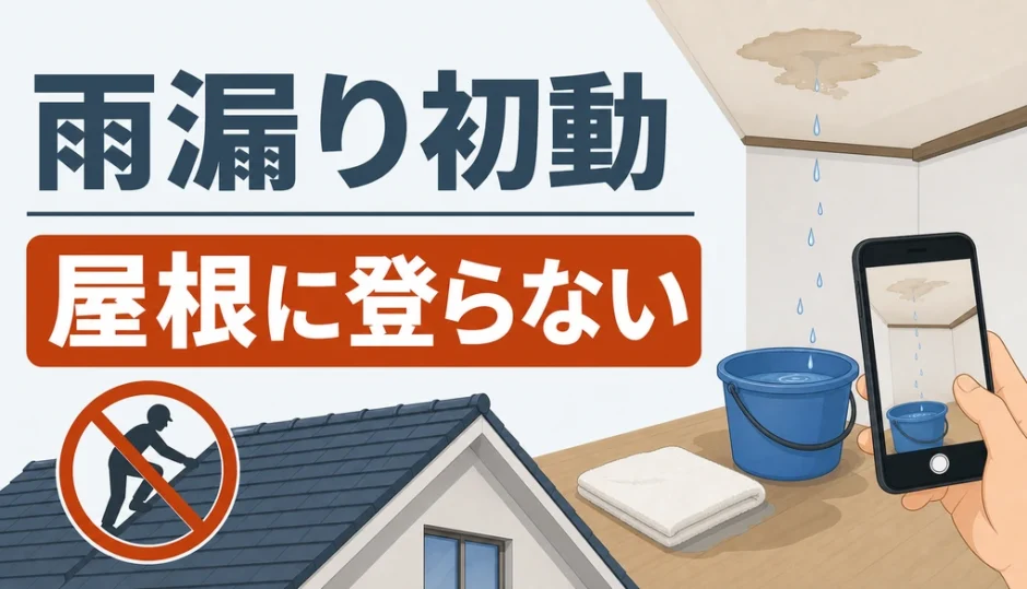 雨漏り直後は屋根に登らず室内で応急処置することを示す図解