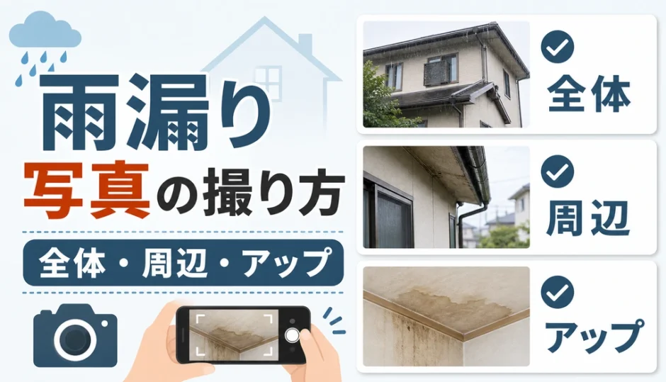 雨漏り写真の撮り方と全体・周辺・アップの撮影順を示す図解