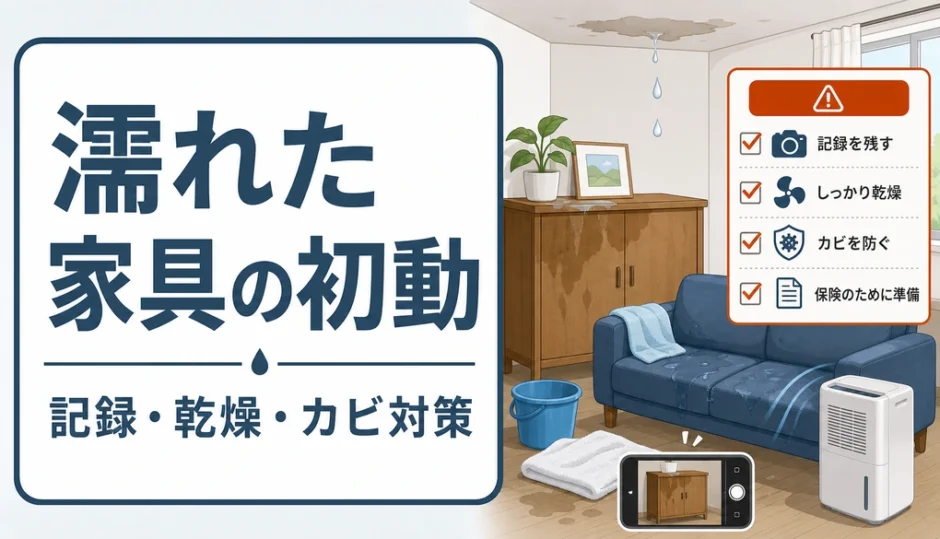 濡れた家具の初動と記録・乾燥・カビ対策を示す図解