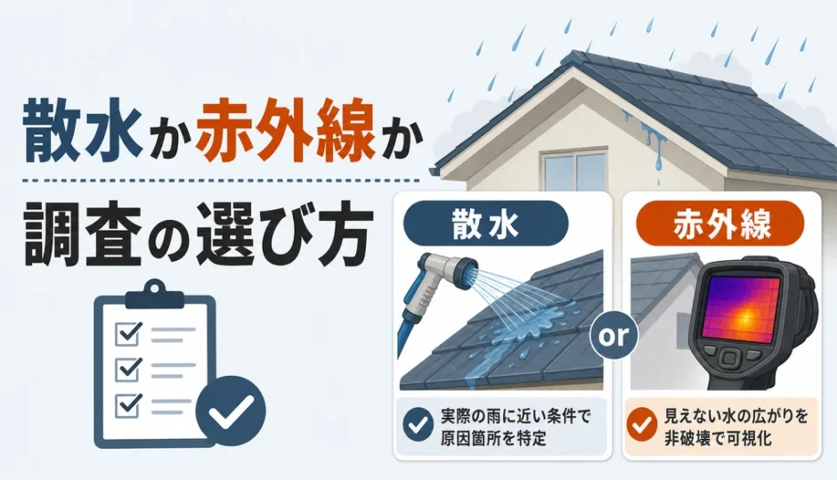 散水調査と赤外線調査の選び方を示す雨漏り調査の図解