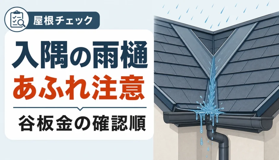 入隅の雨樋があふれる時の谷板金確認順を示すサムネイル