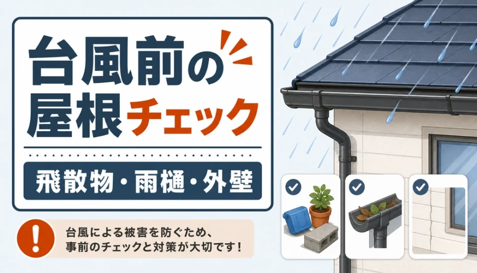 台風前の屋根チェックで雨樋・外壁・飛散物を確認する図
