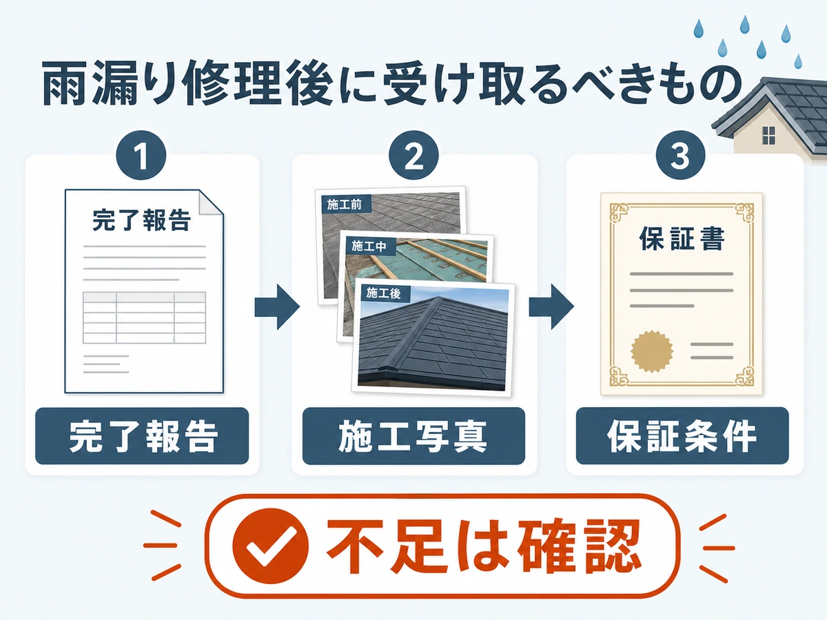 雨漏り修理後に受け取る完了報告・施工写真・保証条件の確認フロー