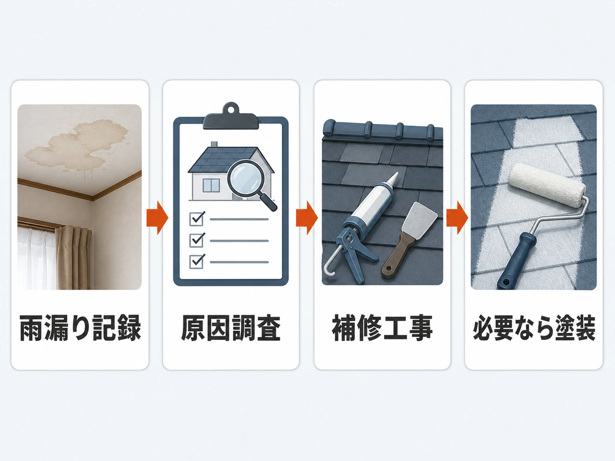 雨漏り発生時に原因調査、補修工事、必要なら塗装へ進む確認フロー