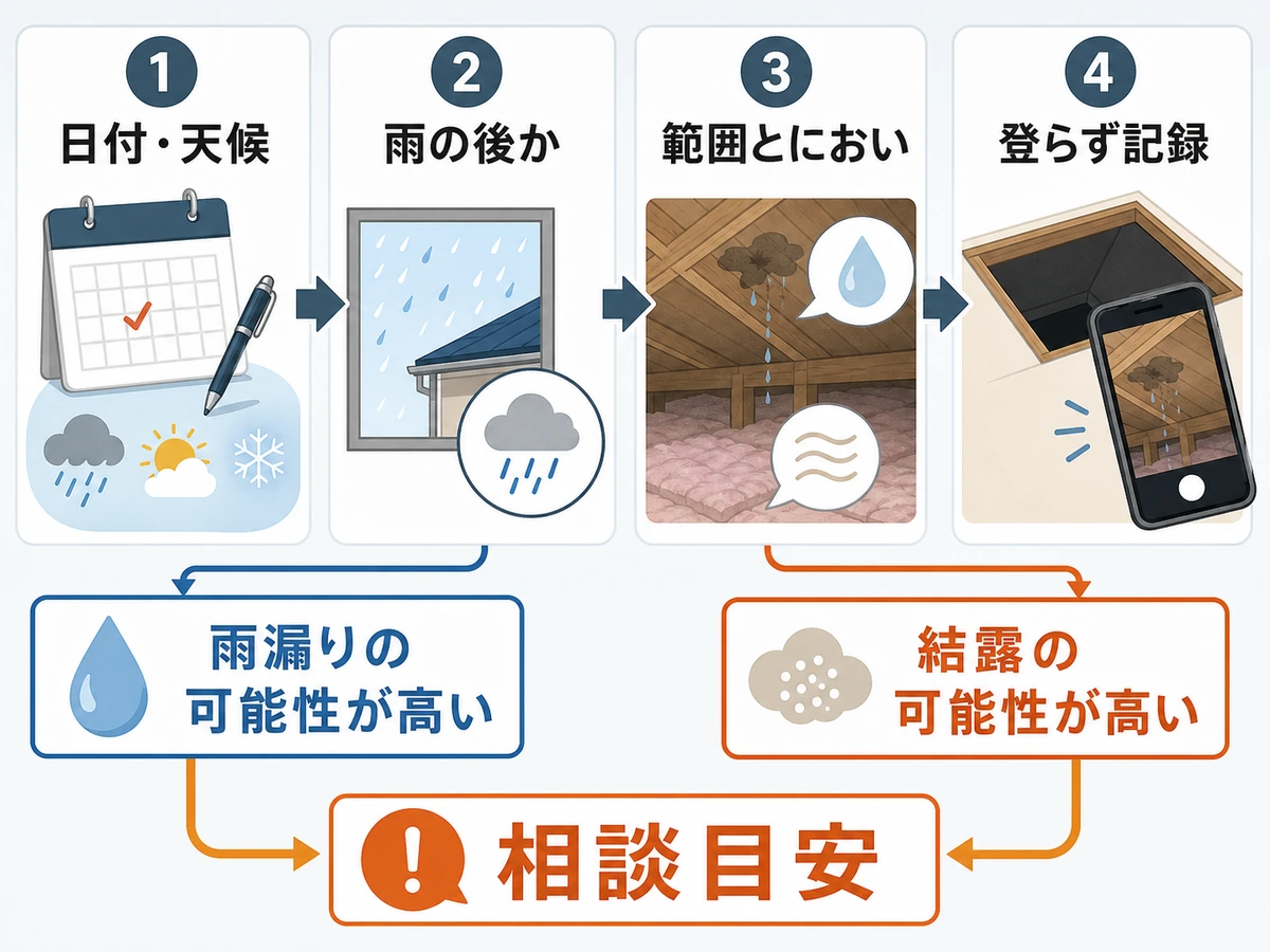 屋根裏の濡れを安全に確認する流れを示す図