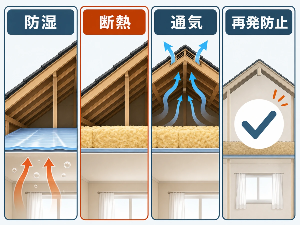 屋根裏結露の対策を防湿・断熱・通気に分けて示す図