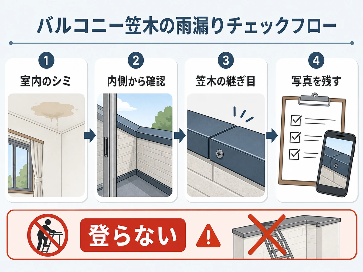 ベランダ笠木の雨漏りを登らず確認する流れ