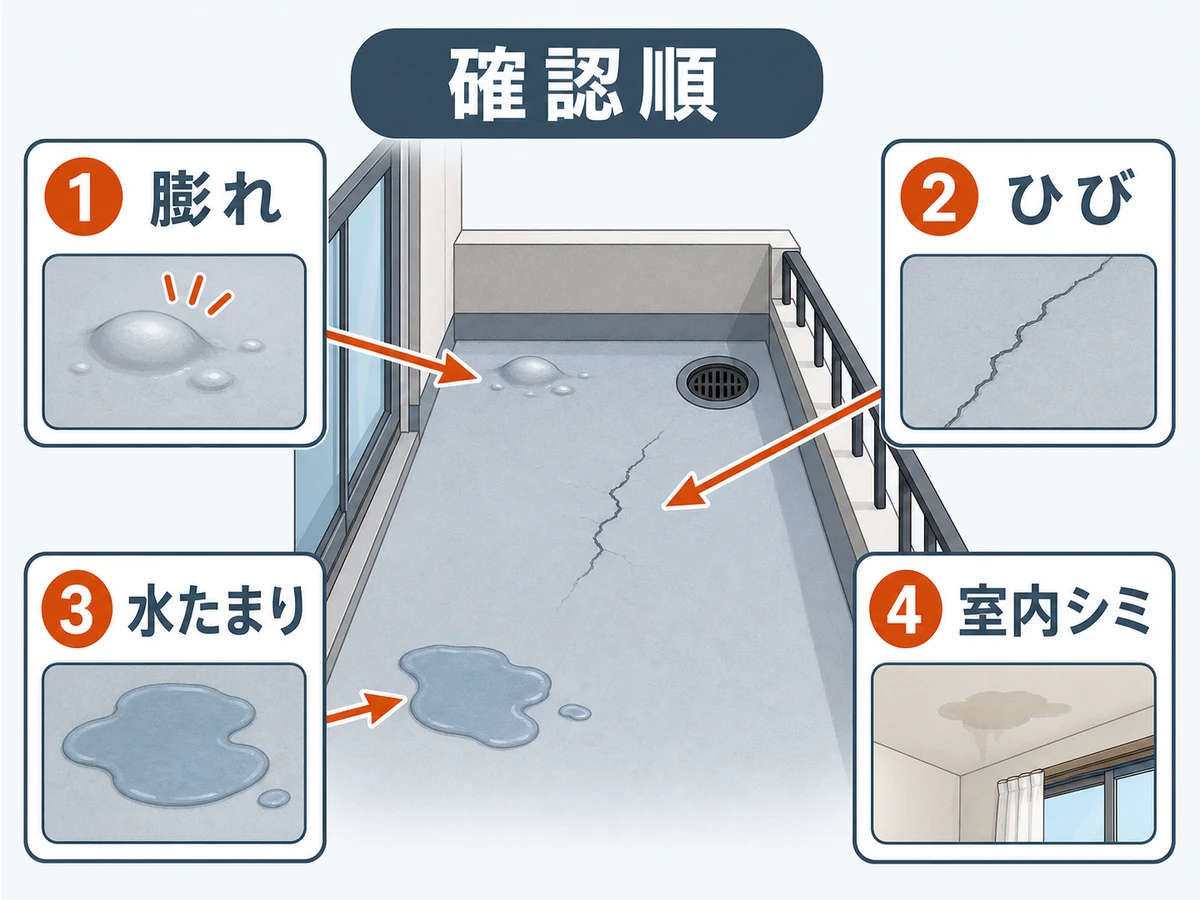 ベランダ防水の膨れ、ひび、水たまり、室内シミの確認順を示す図
