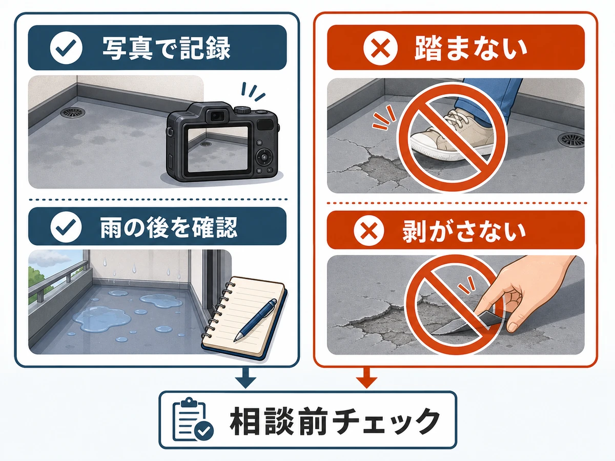 ベランダ防水で写真記録と雨後確認を行い、踏む、剥がす行動を避ける図
