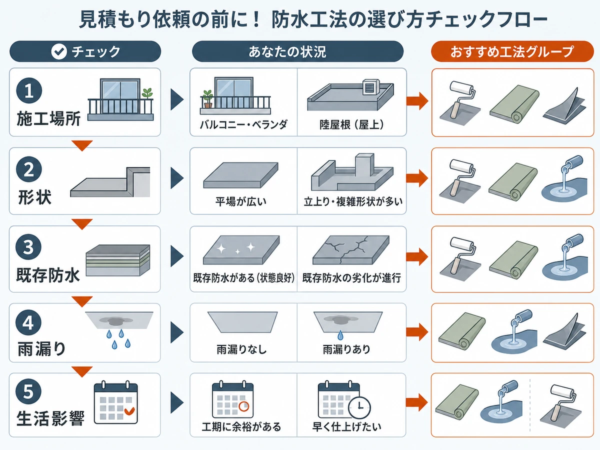 施工場所や既存防水から防水工法を選ぶ確認フロー