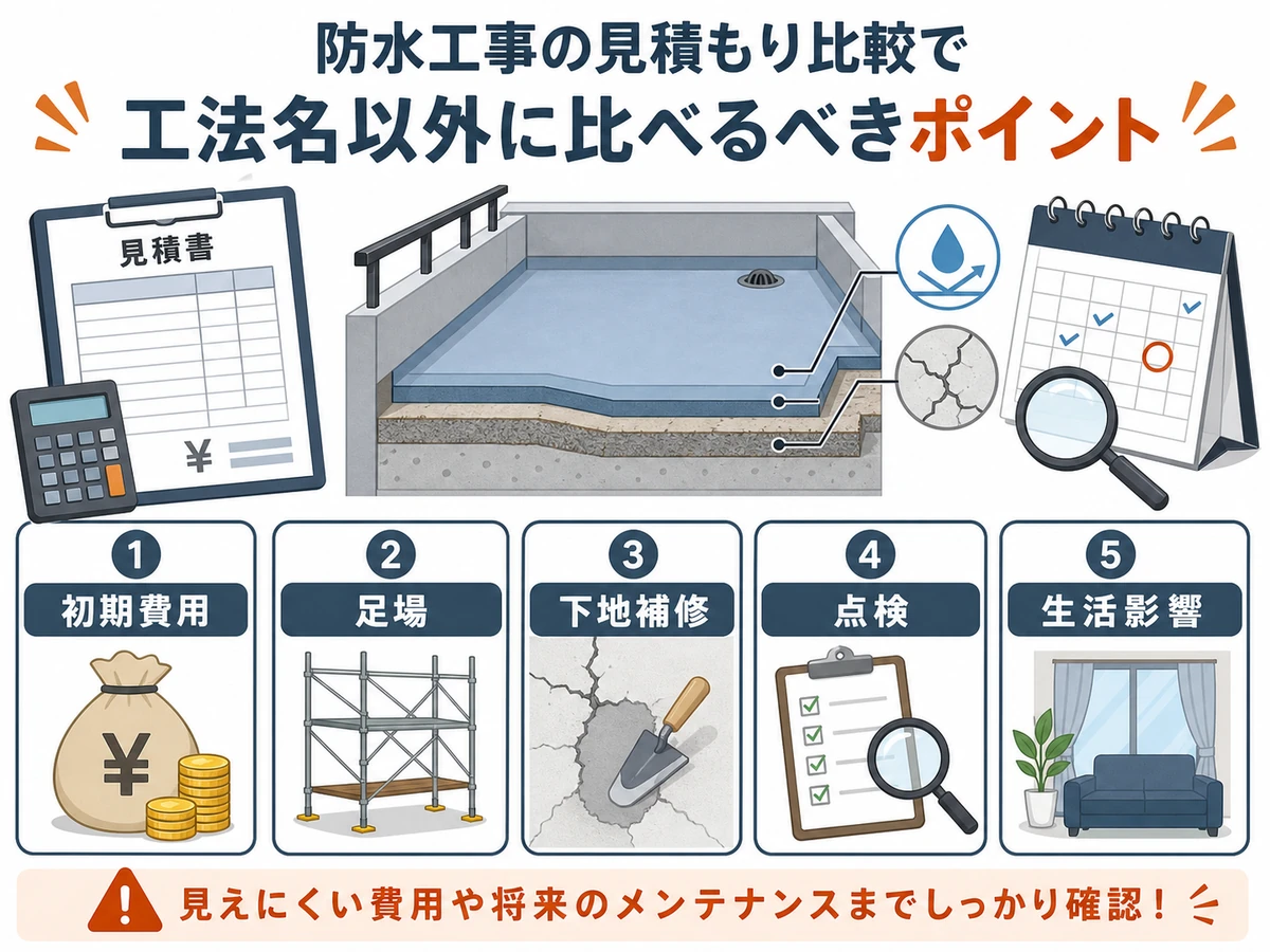 防水工事の見積もりで比較したい費用要因の図解