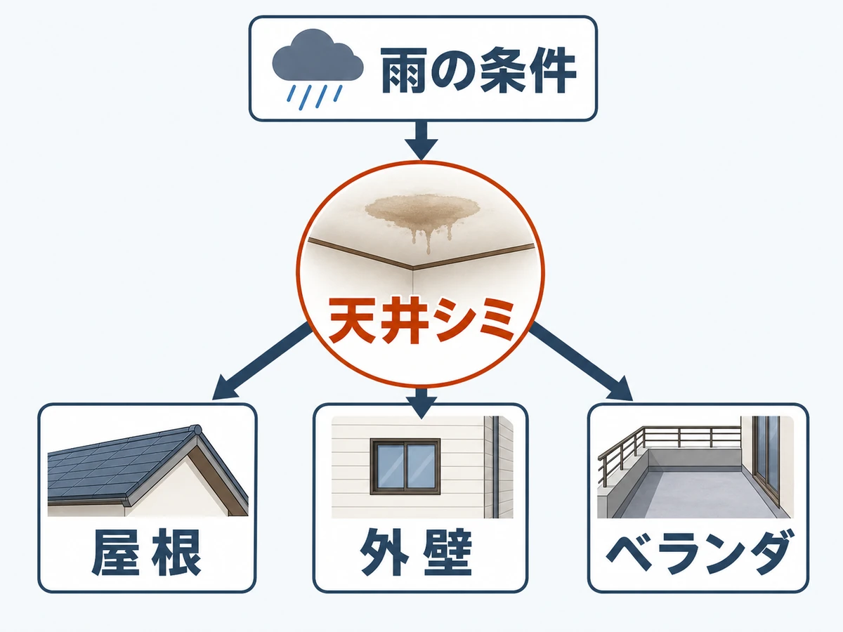 天井の雨漏りで屋根・外壁・ベランダの原因候補を切り分ける図