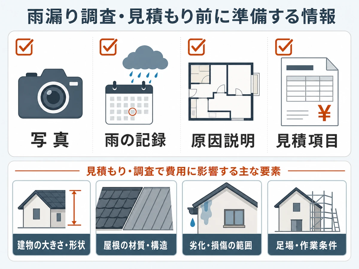 雨漏り調査や見積もり前に準備する写真・雨の記録・見積項目の図