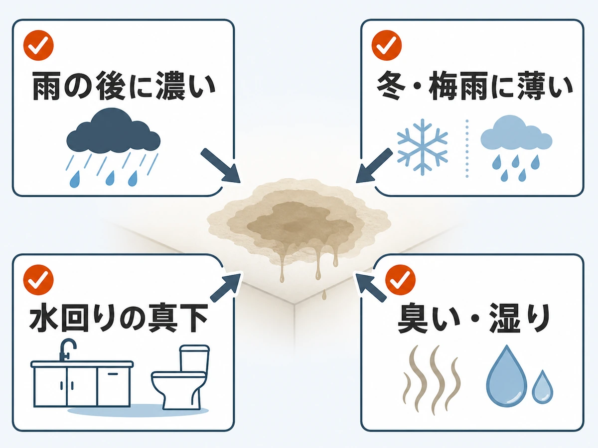 天井のシミを雨の後、冬や梅雨、水回り、臭いと湿りで確認する図解