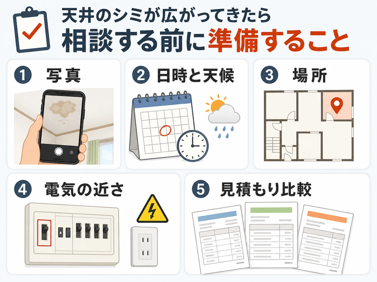 天井のシミを相談する前に写真、日時と天候、場所、電気の近さ、見積もり比較を準備する図解
