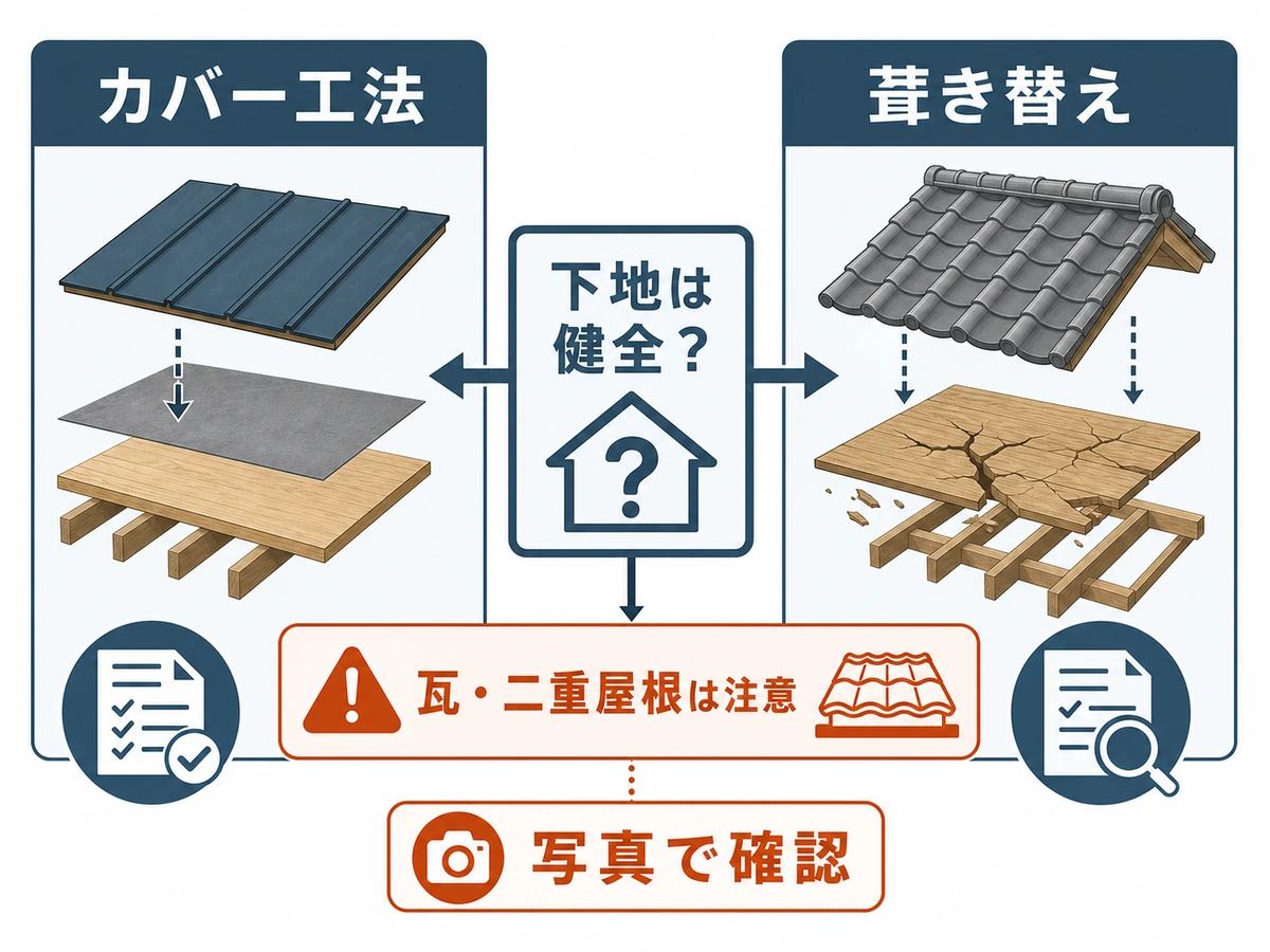 下地の健全性で屋根カバー工法と葺き替えを分けて考える判断図