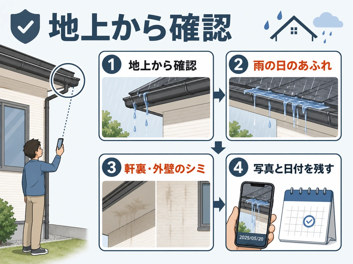 雨樋の詰まりを地上から確認する流れ