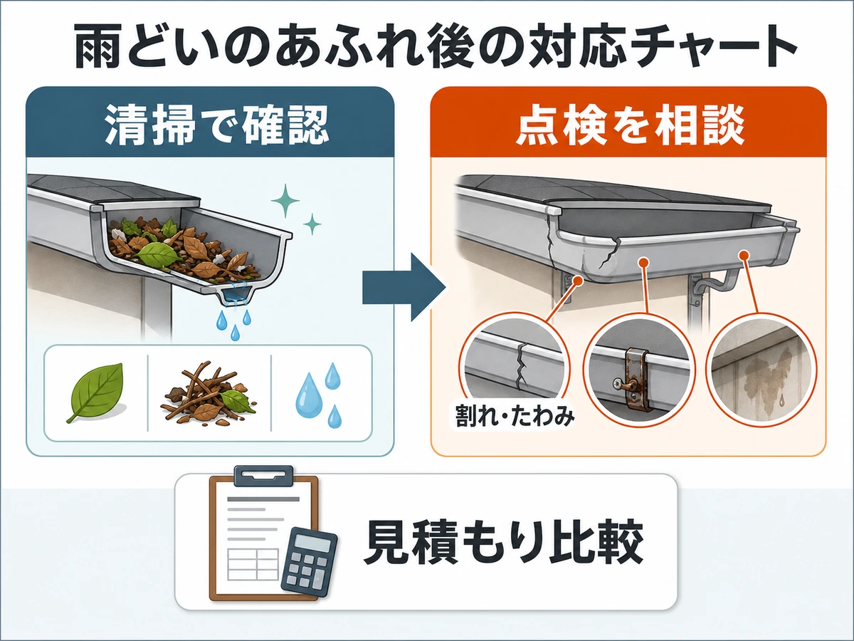 雨樋の詰まりを清掃で確認するか点検を相談するかの判断図