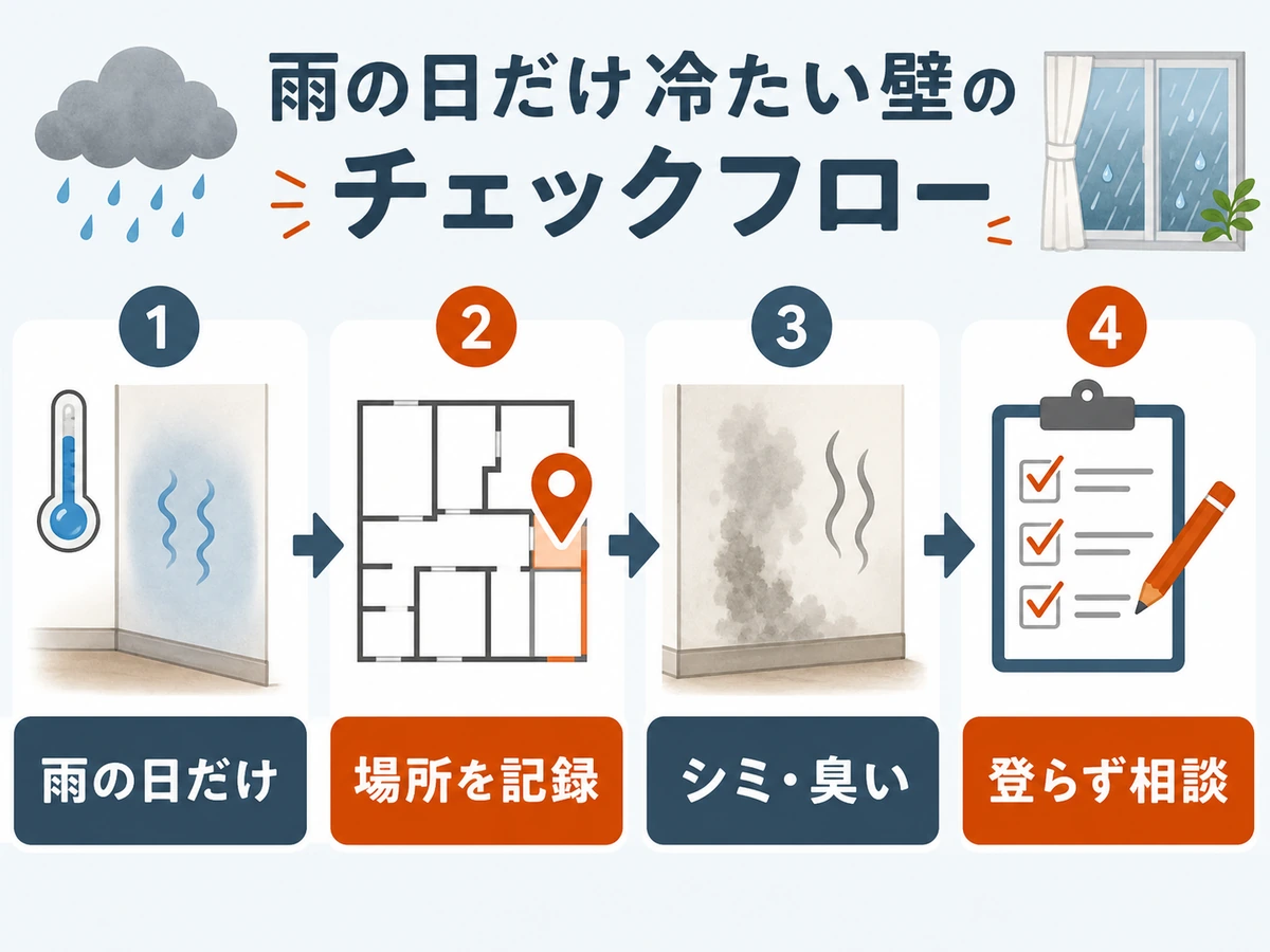 雨の日だけ冷たい壁の確認順を示す図解
