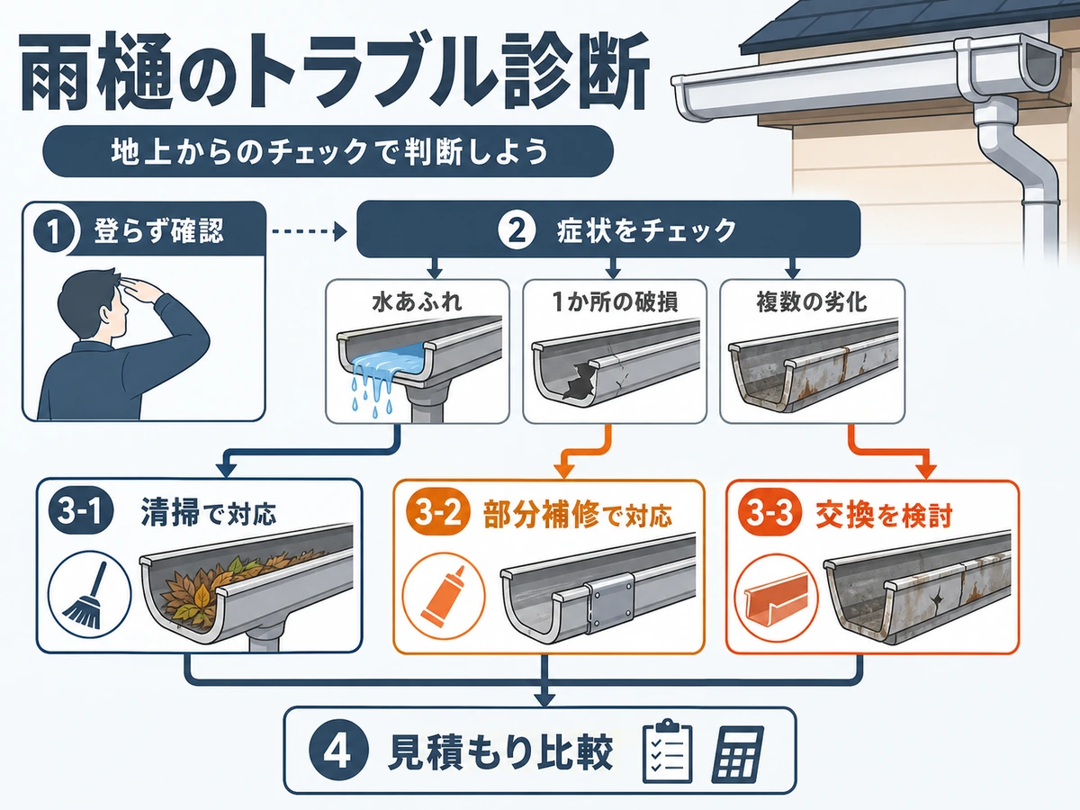 雨樋の水あふれや破損から清掃・部分補修・交換を判断する流れ