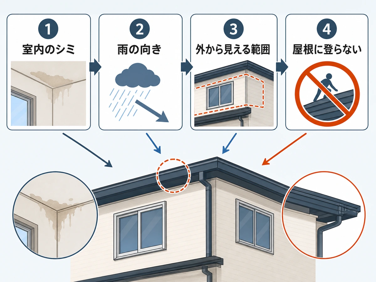 2階角部屋の雨漏りを屋根に登らず確認する流れ