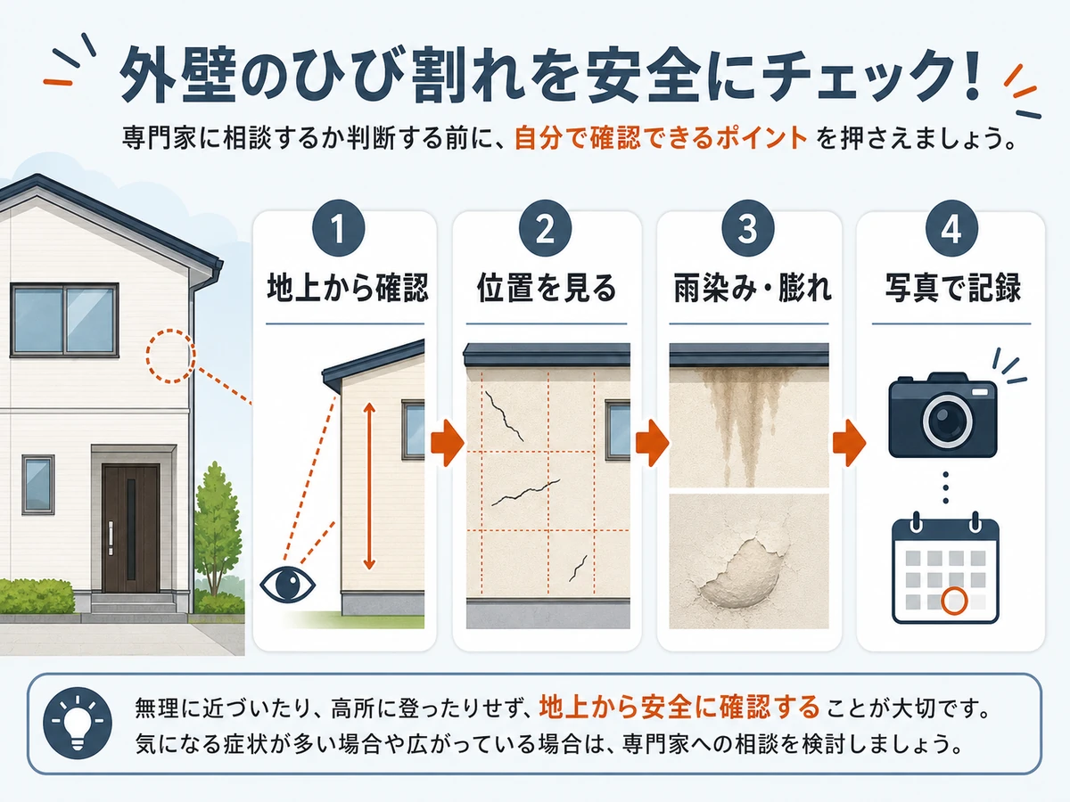 外壁のひび割れを地上から確認して記録する手順