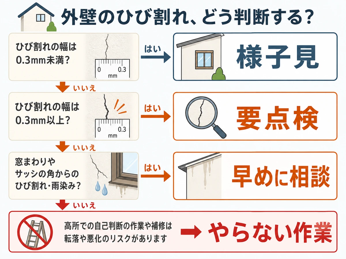 外壁ひび割れの様子見と相談目安を示す判断チャート