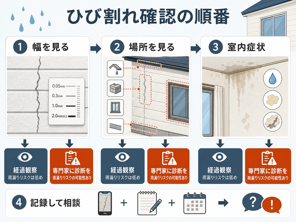 外壁ひび割れを幅、場所、室内症状の順に確認する流れ